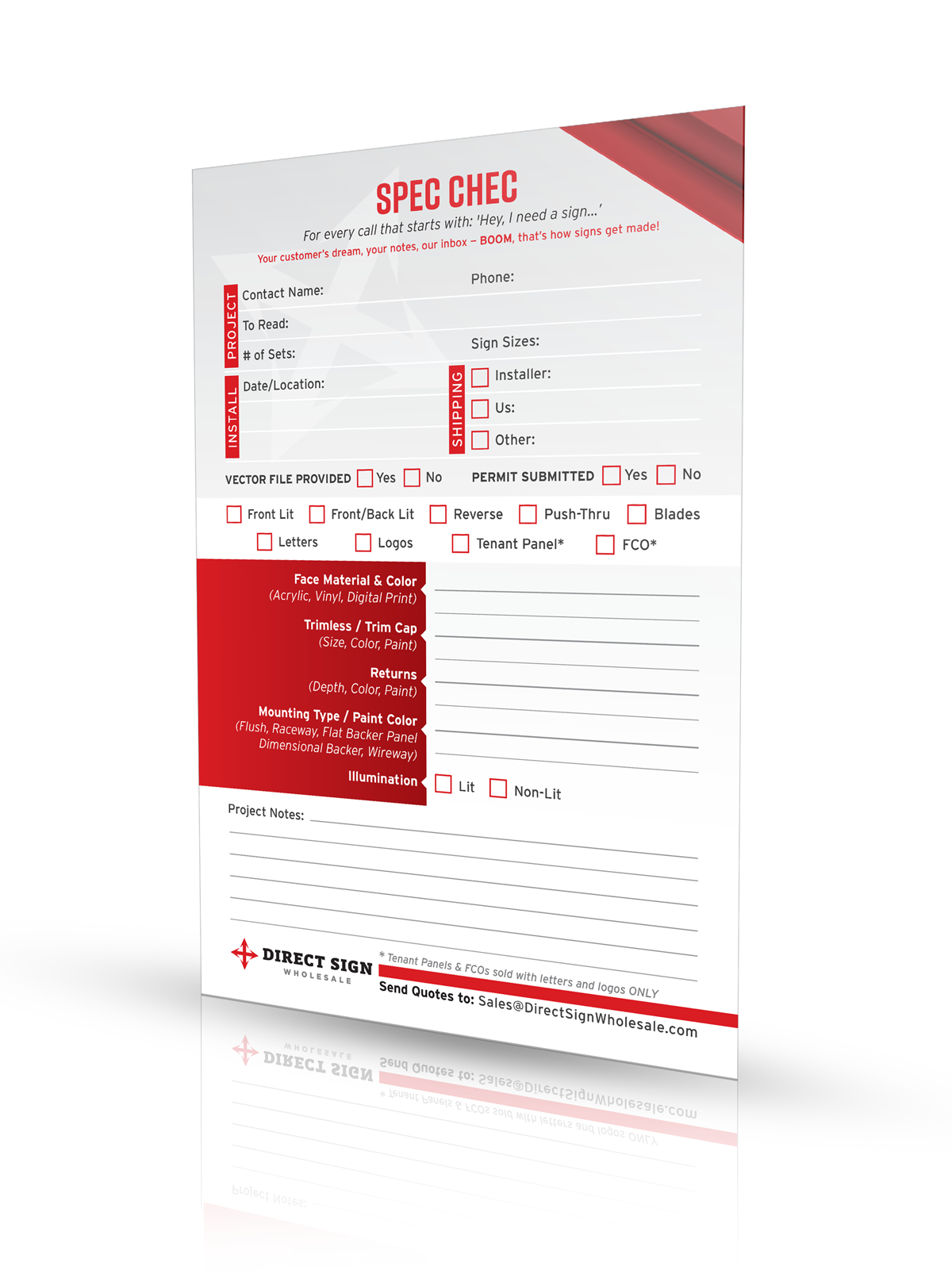 Spec Chec notepad that creates an easy way to get your next channel letter sign specs right.